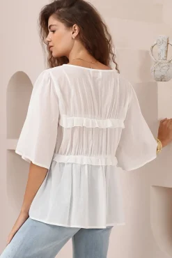 Aspen Top - Cotton Front Tie Up Top with Frill Splicing in White><noscript><img width=