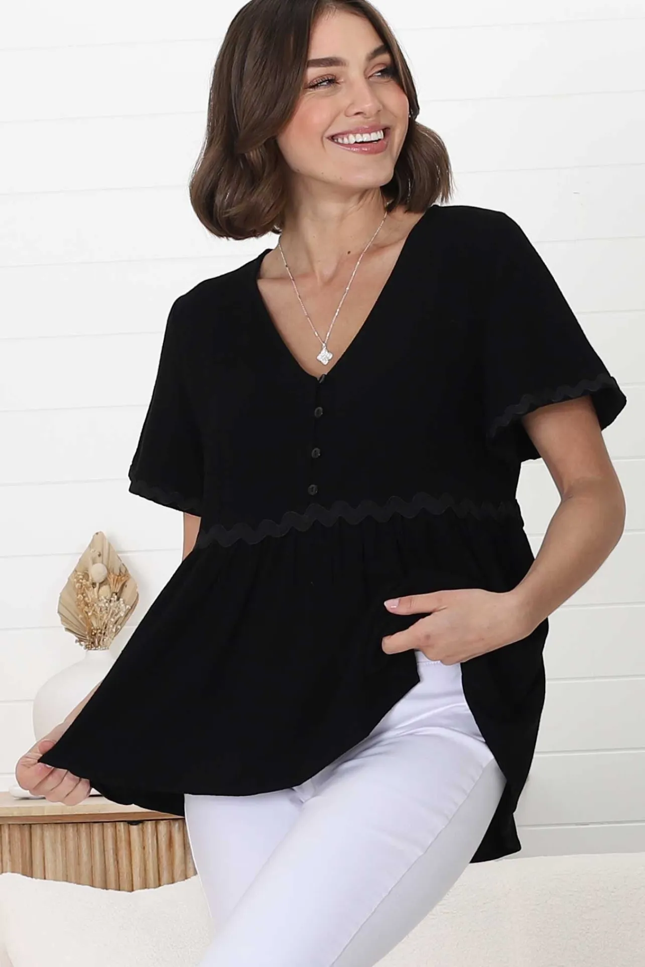 Aster Top - Pull Over Top with Rick Rack Detailing in Black>Salty Crush Discount