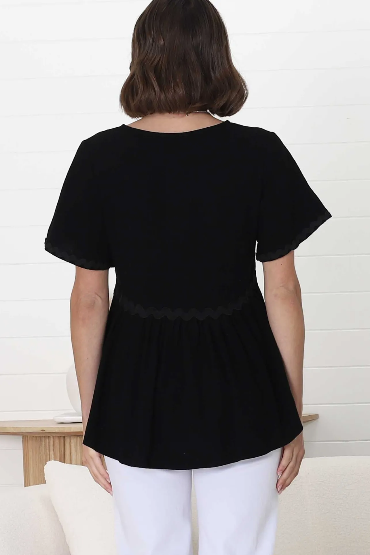Aster Top - Pull Over Top with Rick Rack Detailing in Black>Salty Crush Discount