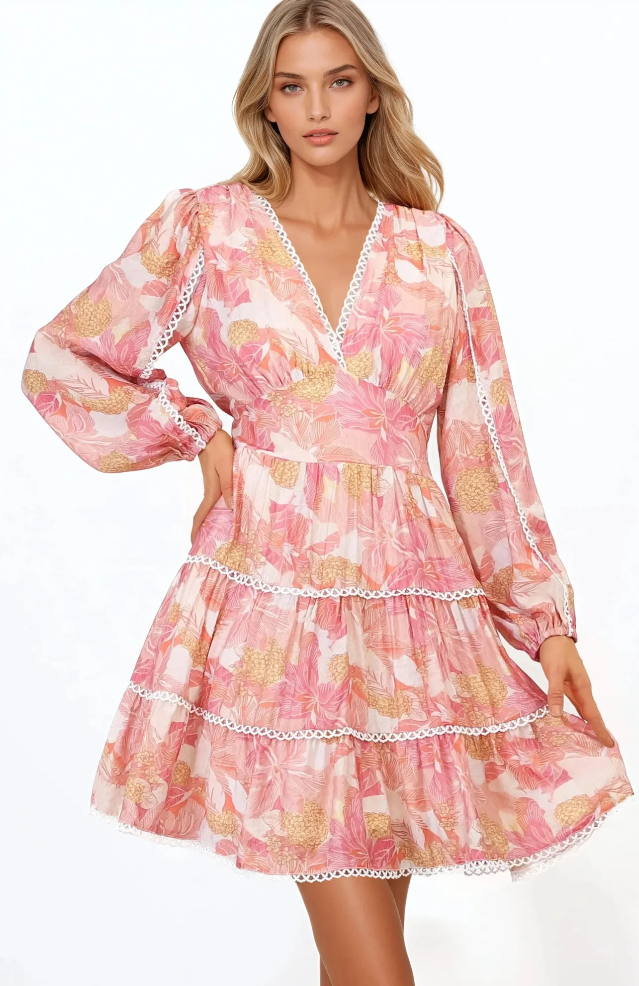 Audrey Mini Dress - Delicately Detailed Tiered A-Line Dress in Lola Print Pink>Salty Crush Hot