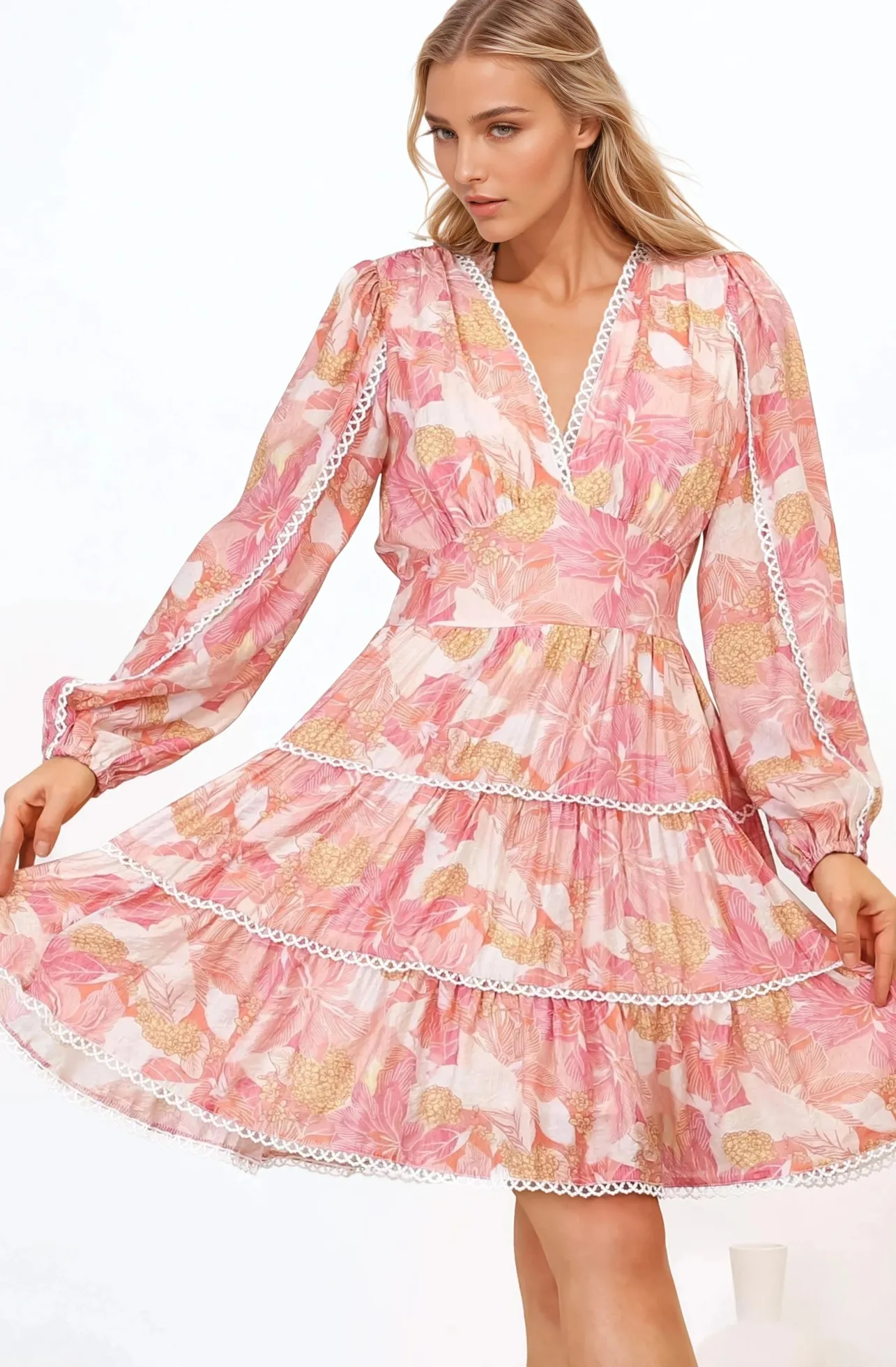 Audrey Mini Dress - Delicately Detailed Tiered A-Line Dress in Lola Print Pink>Salty Crush Hot