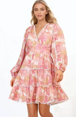 Audrey Mini Dress - Delicately Detailed Tiered A-Line Dress in Lola Print Pink><noscript><img width=