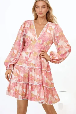 Audrey Mini Dress - Delicately Detailed Tiered A-Line Dress in Lola Print Pink><noscript><img width=