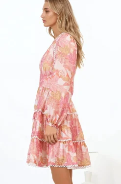 Audrey Mini Dress - Delicately Detailed Tiered A-Line Dress in Lola Print Pink><noscript><img width=