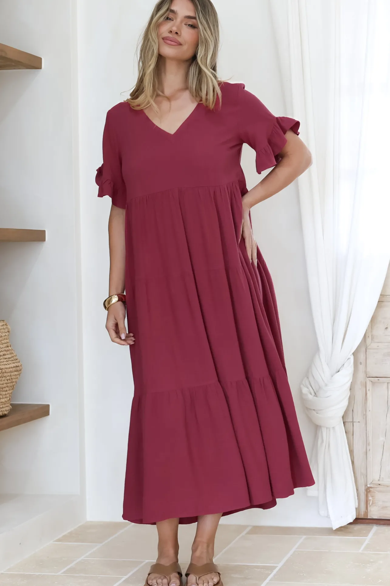 Audrina Midi Dress - V-Neck Tiered Linen Dress with Pockets in Burgundy>Salty Crush Sale