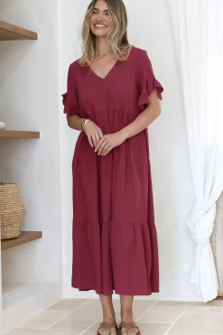 Audrina Midi Dress - V-Neck Tiered Linen Dress with Pockets in Burgundy><noscript><img width=