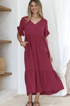 Audrina Midi Dress - V-Neck Tiered Linen Dress with Pockets in Burgundy><noscript><img width=