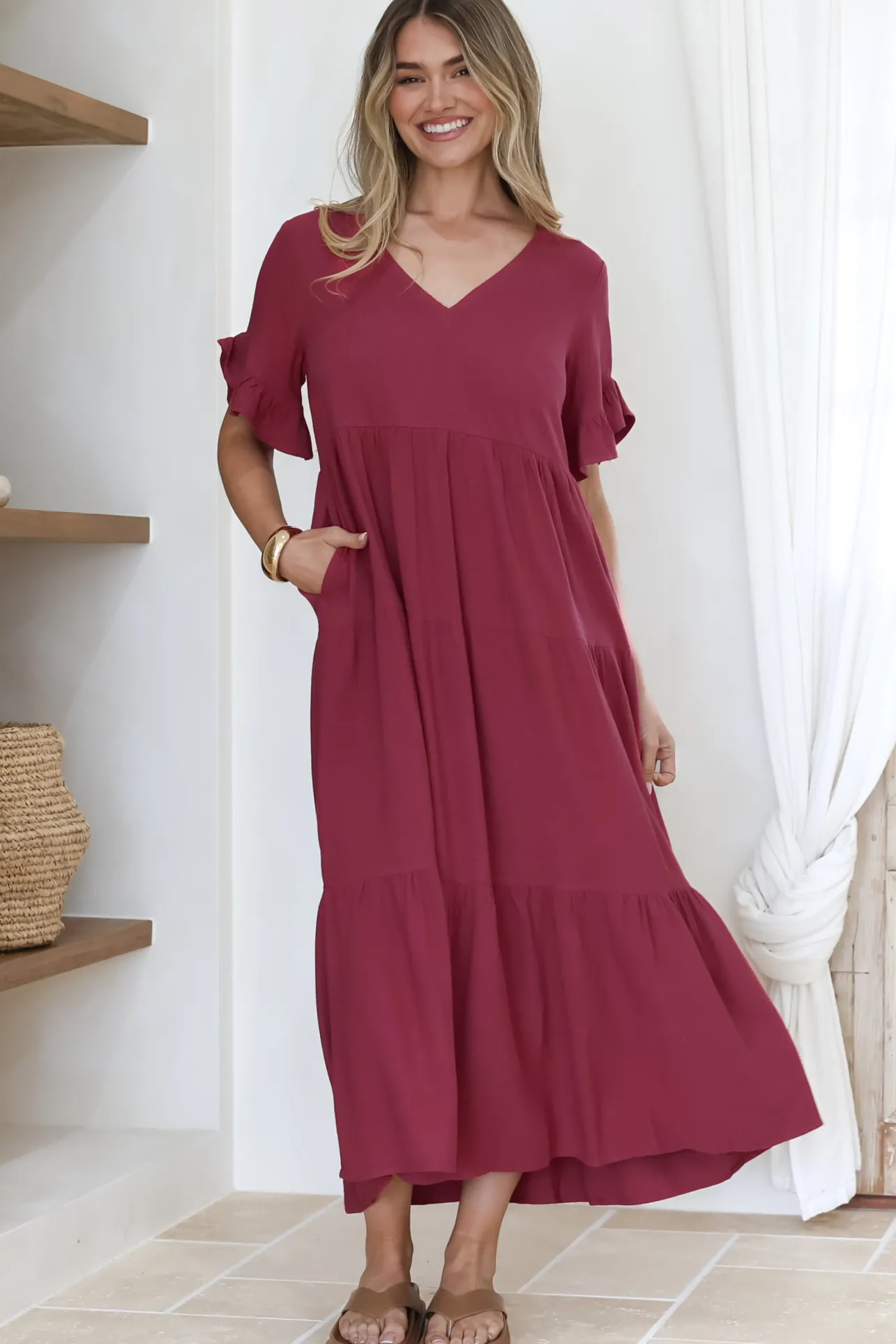 Audrina Midi Dress - V-Neck Tiered Linen Dress with Pockets in Burgundy>Salty Crush Sale