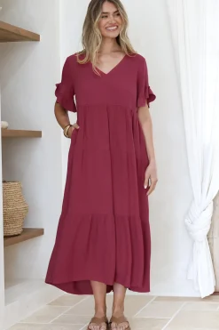 Audrina Midi Dress - V-Neck Tiered Linen Dress with Pockets in Burgundy><noscript><img width=