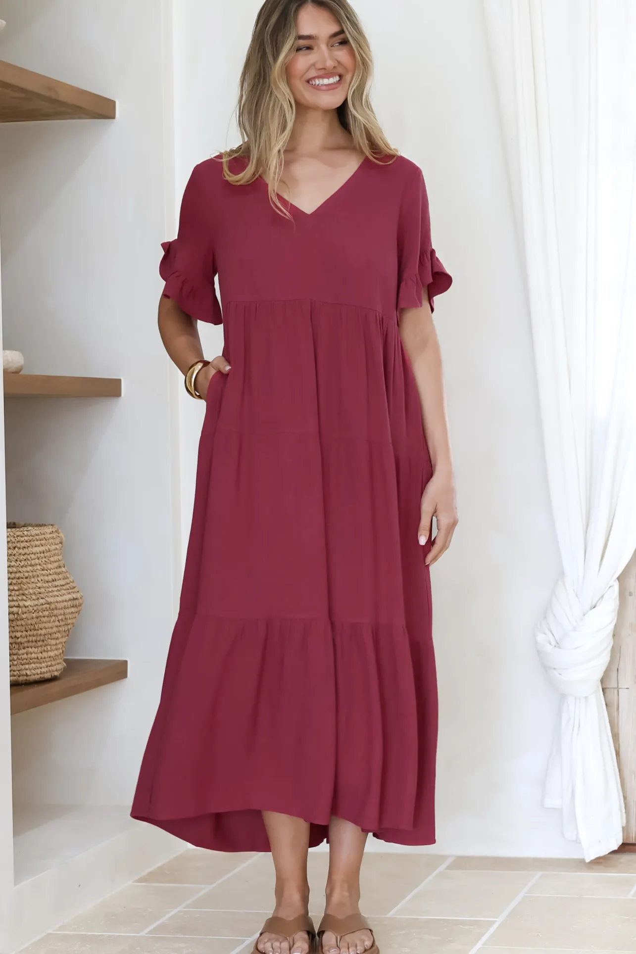 Audrina Midi Dress - V-Neck Tiered Linen Dress with Pockets in Burgundy>Salty Crush Sale