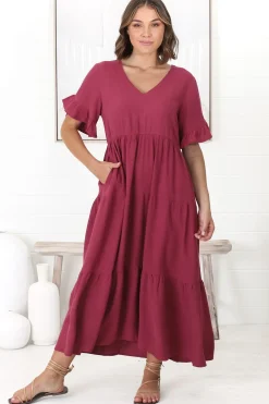 Audrina Midi Dress - V-Neck Tiered Linen Dress with Pockets in Burgundy><noscript><img width=