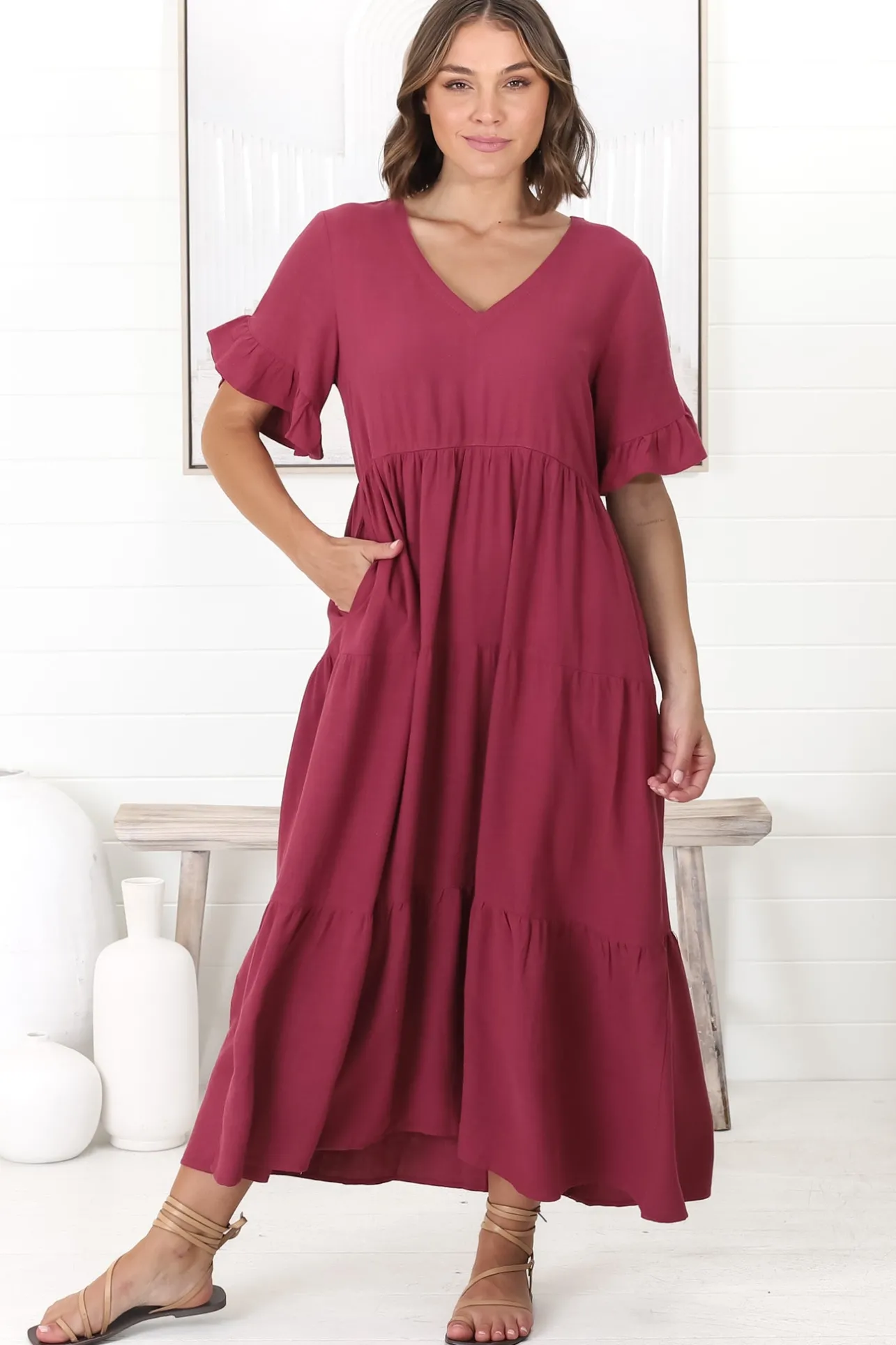 Audrina Midi Dress - V-Neck Tiered Linen Dress with Pockets in Burgundy>Salty Crush Sale