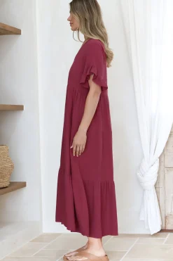 Audrina Midi Dress - V-Neck Tiered Linen Dress with Pockets in Burgundy><noscript><img width=