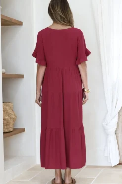 Audrina Midi Dress - V-Neck Tiered Linen Dress with Pockets in Burgundy><noscript><img width=
