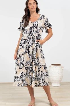 Audrina Midi Dress - V-Neck Tiered Linen Dress with Pockets in Chicago Print>Salty Crush Online