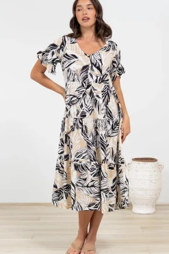 Audrina Midi Dress - V-Neck Tiered Linen Dress with Pockets in Chicago Print><noscript><img width=