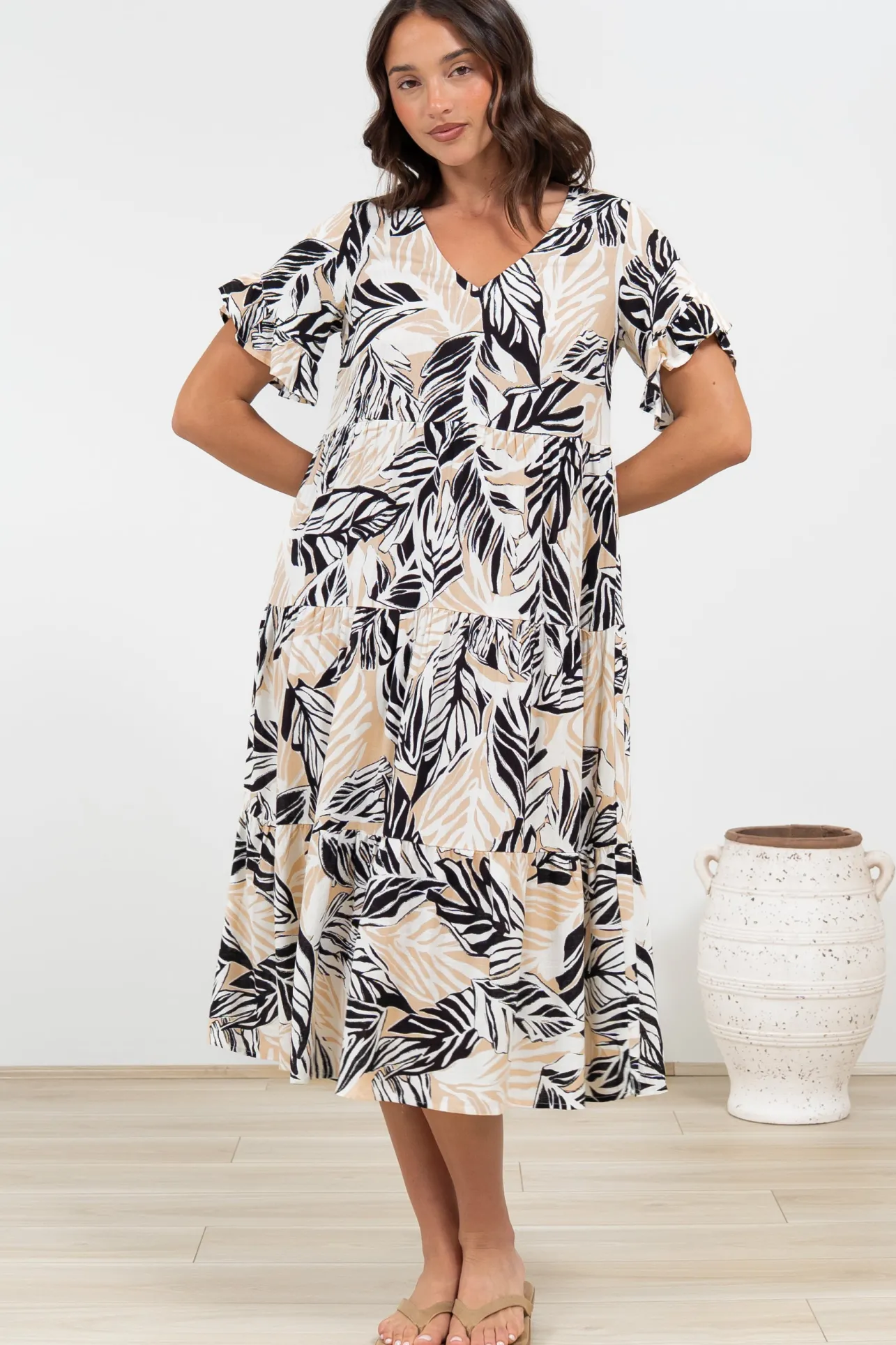 Audrina Midi Dress - V-Neck Tiered Linen Dress with Pockets in Chicago Print>Salty Crush Online