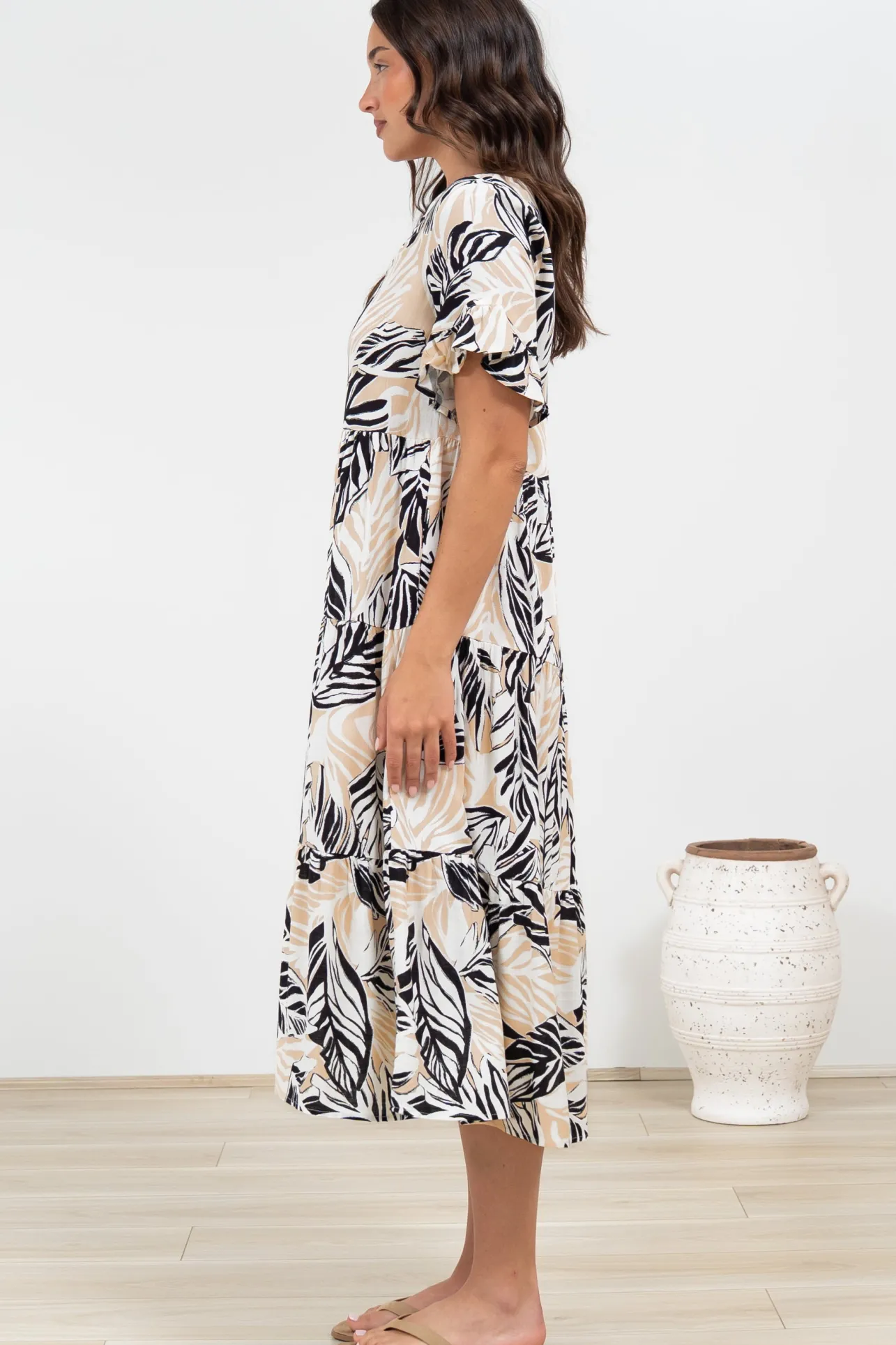 Audrina Midi Dress - V-Neck Tiered Linen Dress with Pockets in Chicago Print>Salty Crush Online