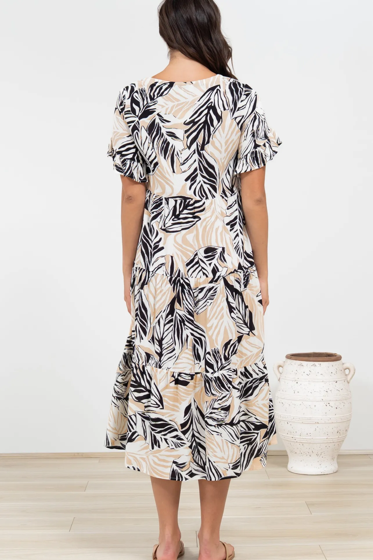 Audrina Midi Dress - V-Neck Tiered Linen Dress with Pockets in Chicago Print>Salty Crush Online