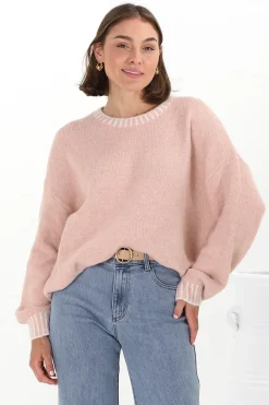 Aura Jumper - Crew Neck Jumper with Contrast Stripe Trim in Pink>Salty Crush
