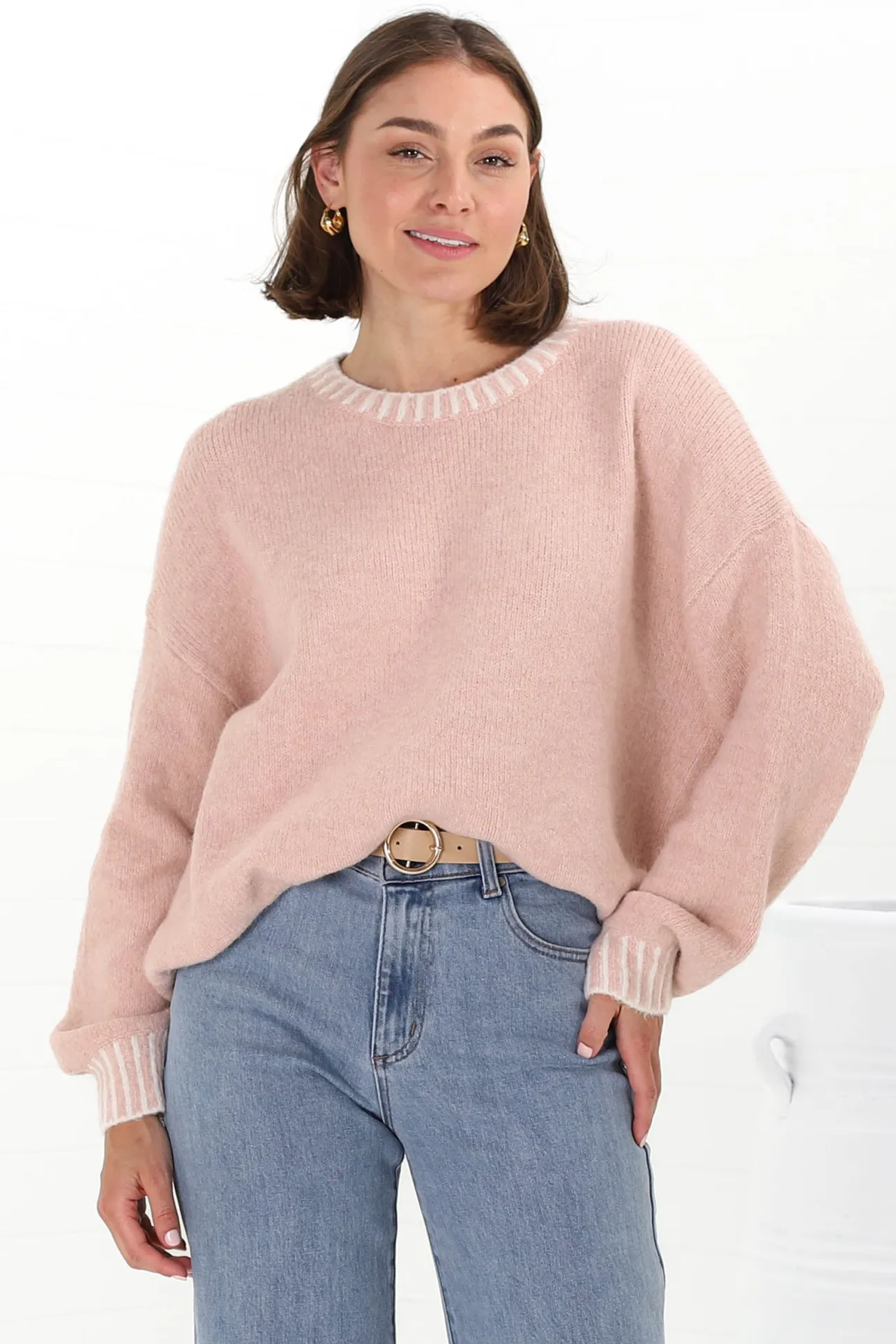 Aura Jumper - Crew Neck Jumper with Contrast Stripe Trim in Pink>Salty Crush
