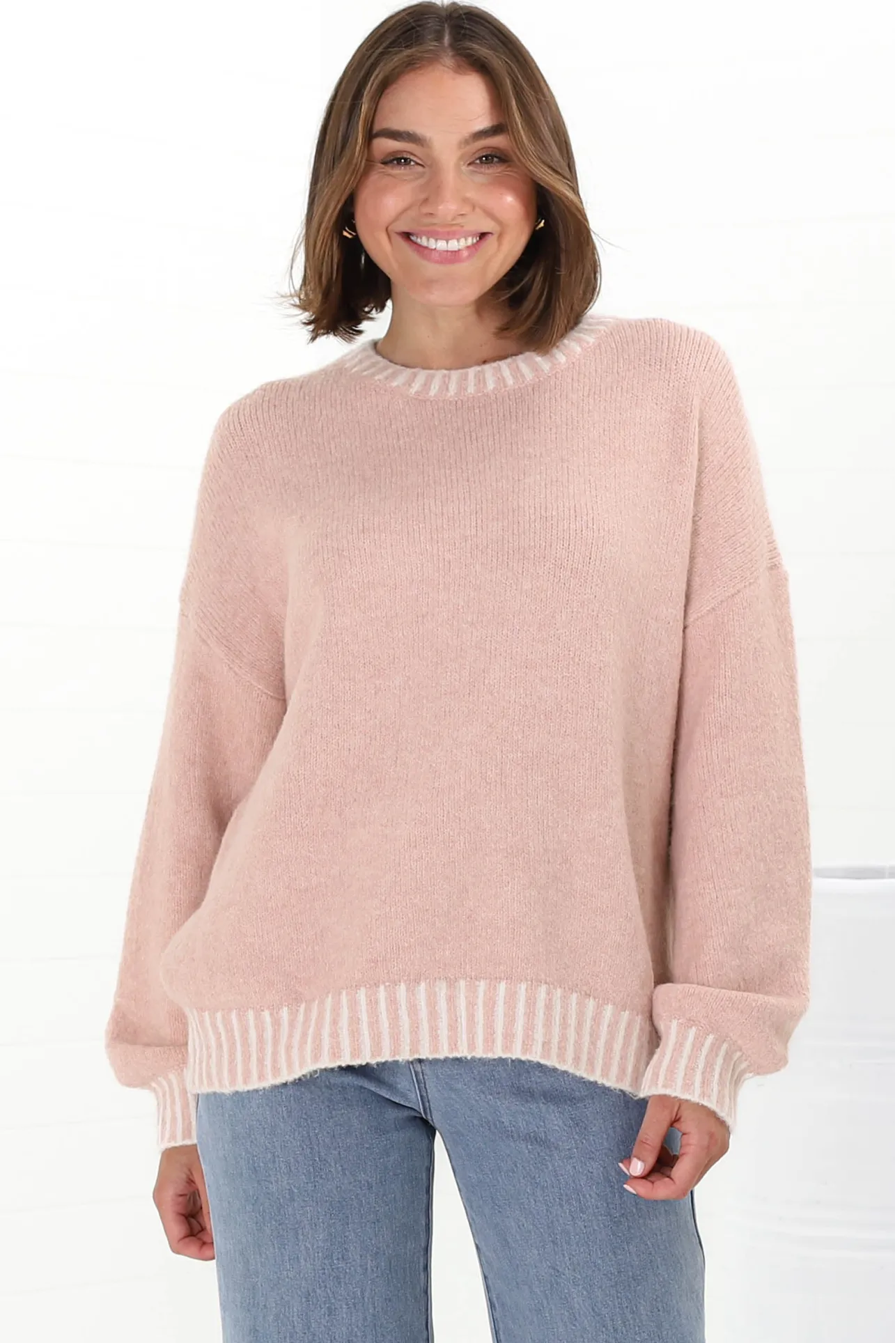 Aura Jumper - Crew Neck Jumper with Contrast Stripe Trim in Pink>Salty Crush