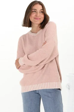 Aura Jumper - Crew Neck Jumper with Contrast Stripe Trim in Pink><noscript><img width=
