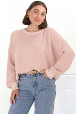 Aura Jumper - Crew Neck Jumper with Contrast Stripe Trim in Pink><noscript><img width=