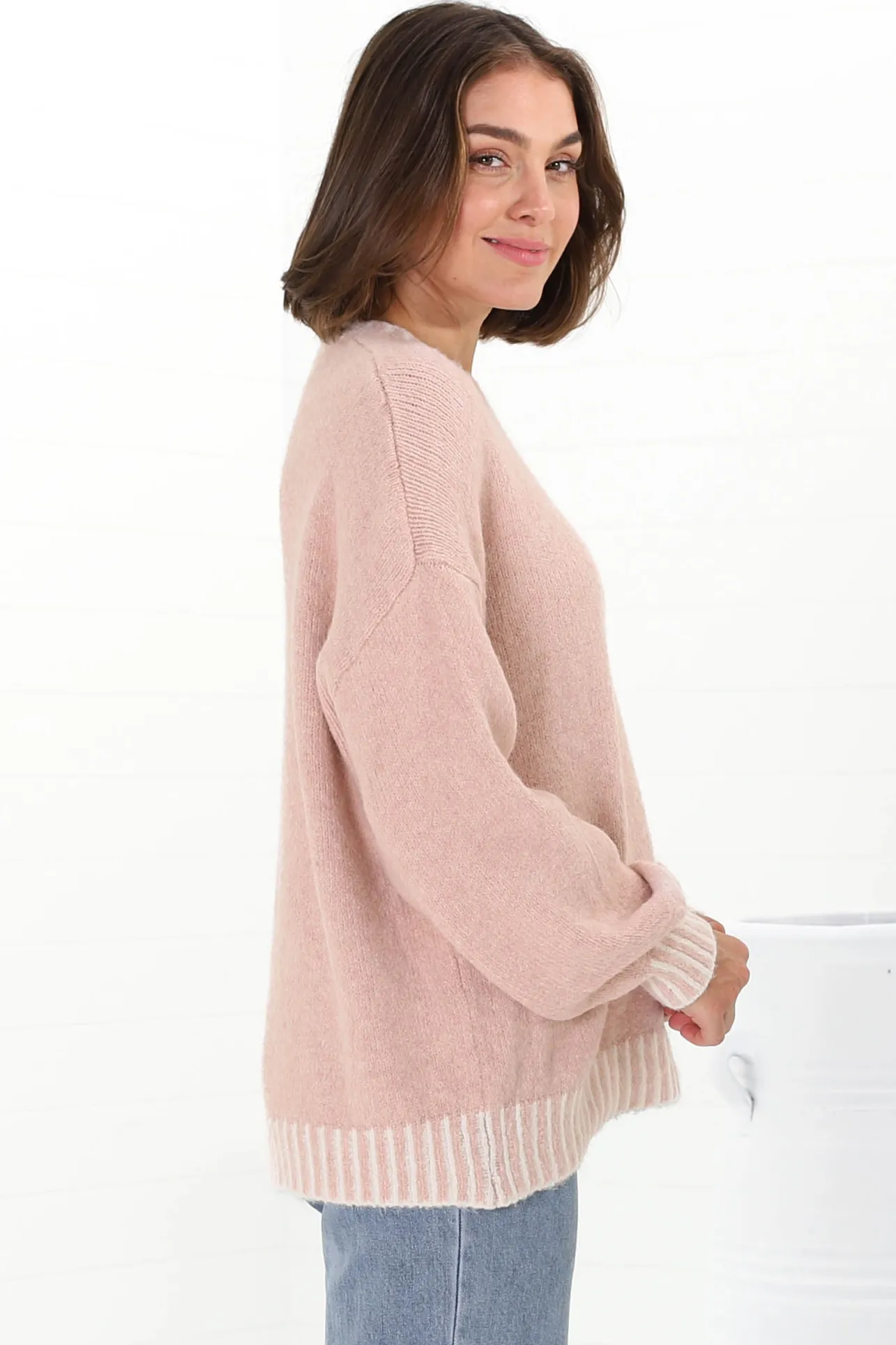 Aura Jumper - Crew Neck Jumper with Contrast Stripe Trim in Pink>Salty Crush