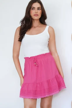 Ava Mini Skirt - High Waisted Pleat Detailed Lace Trim Skirt in Hot Pink><noscript><img width=