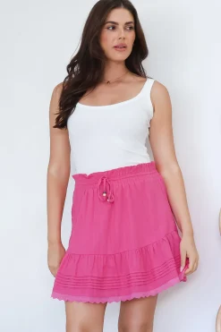 Ava Mini Skirt - High Waisted Pleat Detailed Lace Trim Skirt in Hot Pink><noscript><img width=