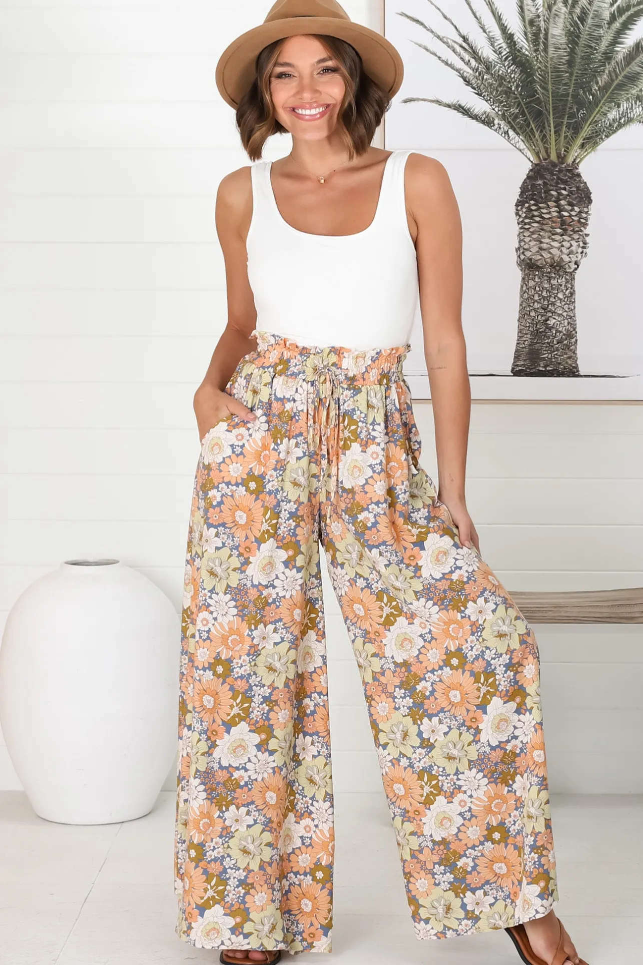 Avianna Pants - Paper Bag High Waisted Wide Leg Pants in Floral Print>Salty Crush Best