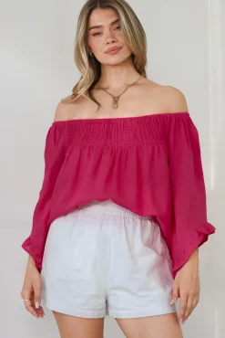 Aviva Top - Off Shoulder Handkerchief Sleeve Pull Over in Hot Pink>Salty Crush New