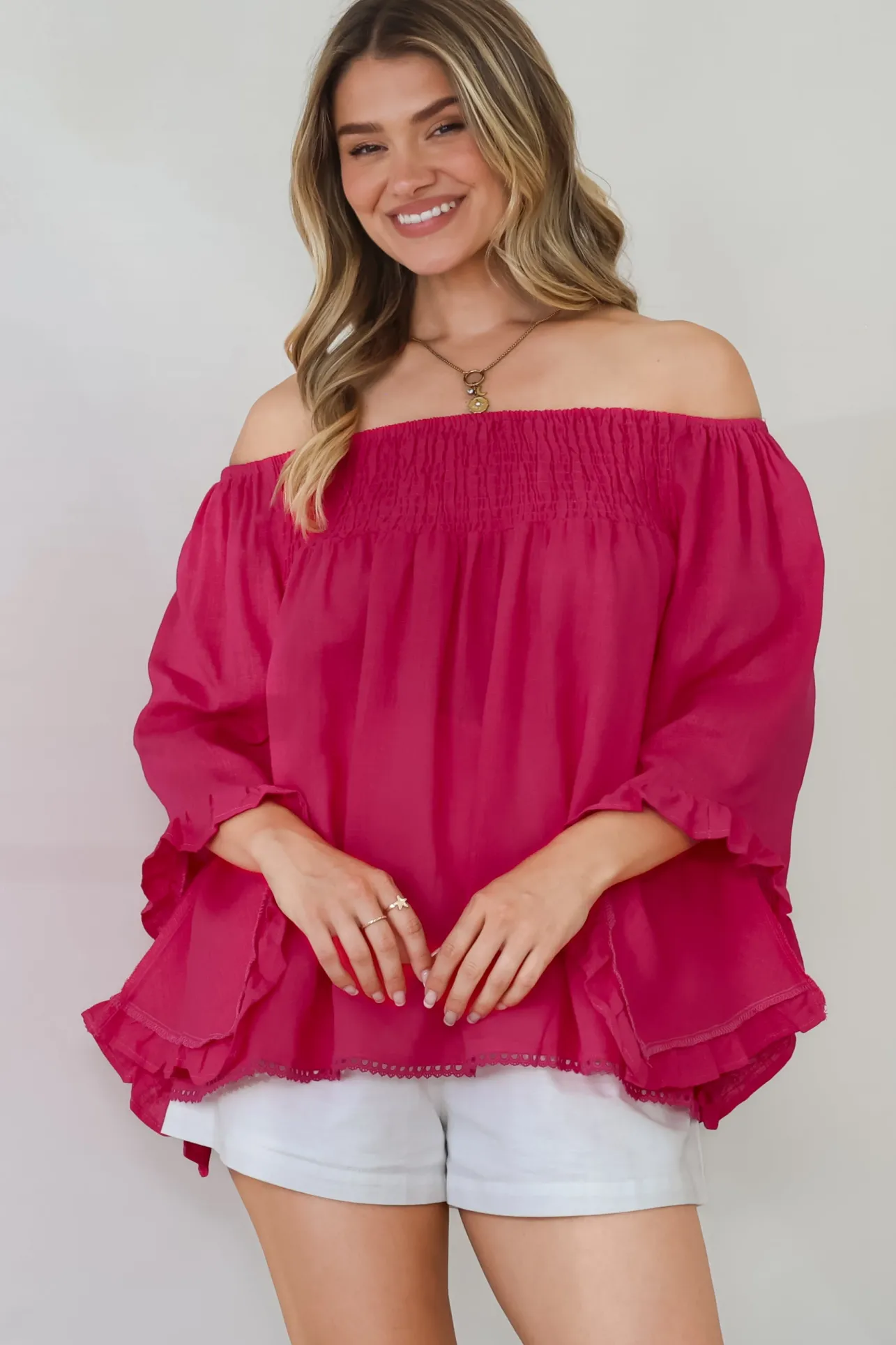 Aviva Top - Off Shoulder Handkerchief Sleeve Pull Over in Hot Pink>Salty Crush New