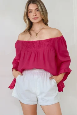 Aviva Top - Off Shoulder Handkerchief Sleeve Pull Over in Hot Pink><noscript><img width=