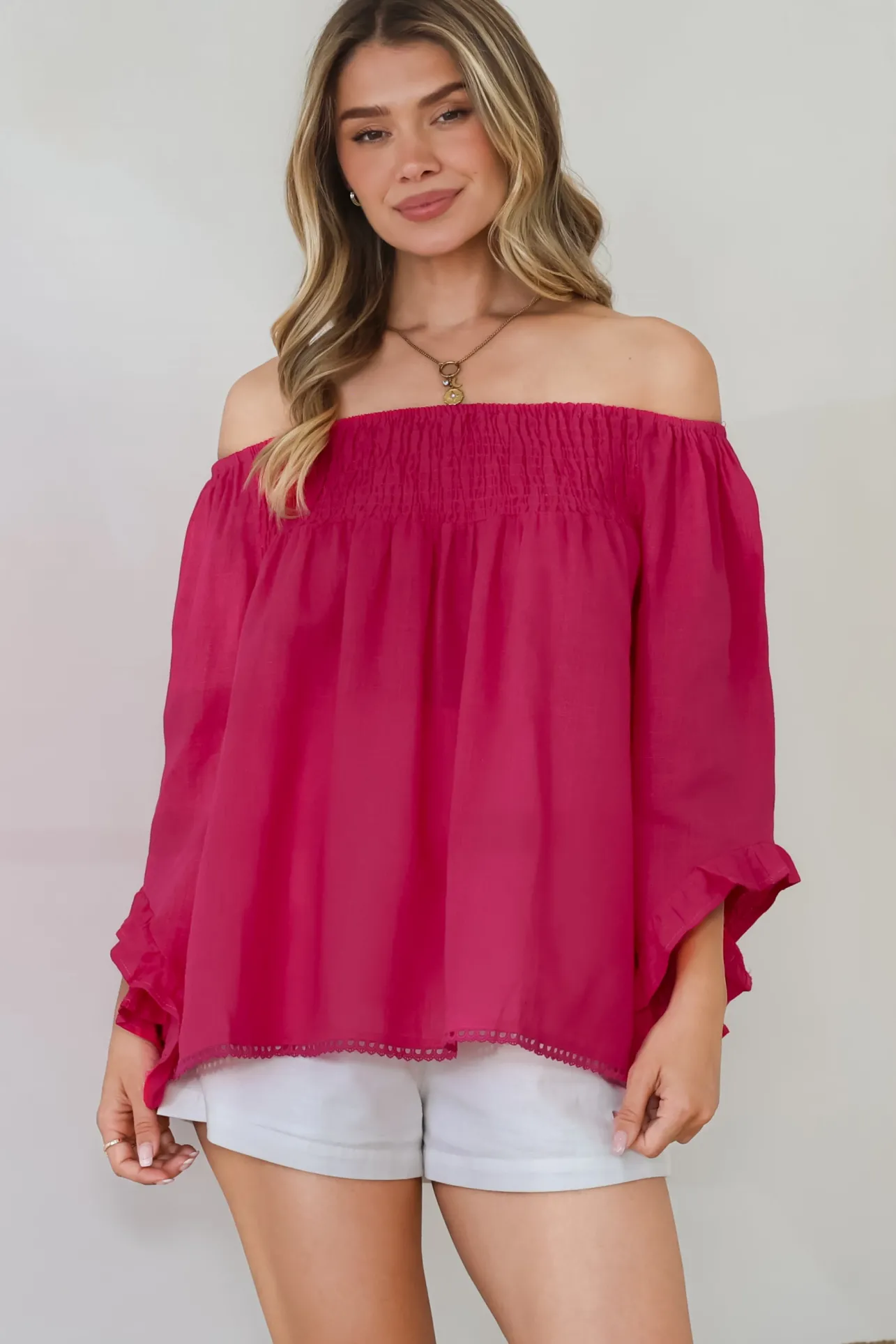 Aviva Top - Off Shoulder Handkerchief Sleeve Pull Over in Hot Pink>Salty Crush New