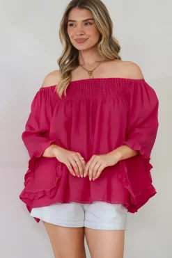 Aviva Top - Off Shoulder Handkerchief Sleeve Pull Over in Hot Pink><noscript><img width=