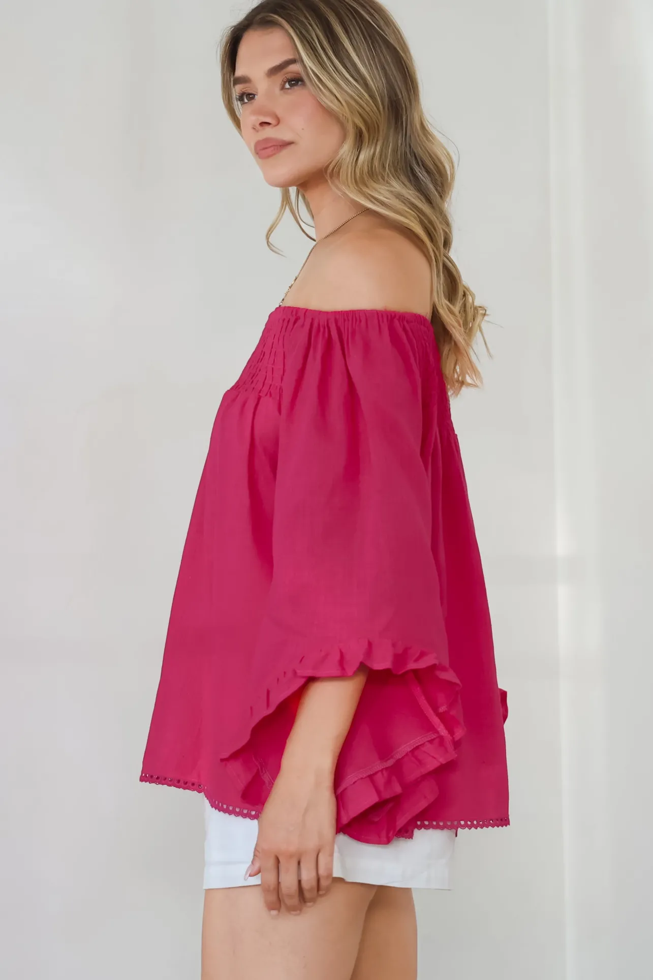 Aviva Top - Off Shoulder Handkerchief Sleeve Pull Over in Hot Pink>Salty Crush New