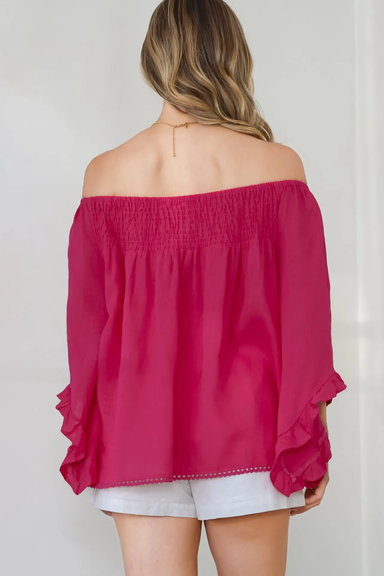 Aviva Top - Off Shoulder Handkerchief Sleeve Pull Over in Hot Pink>Salty Crush New
