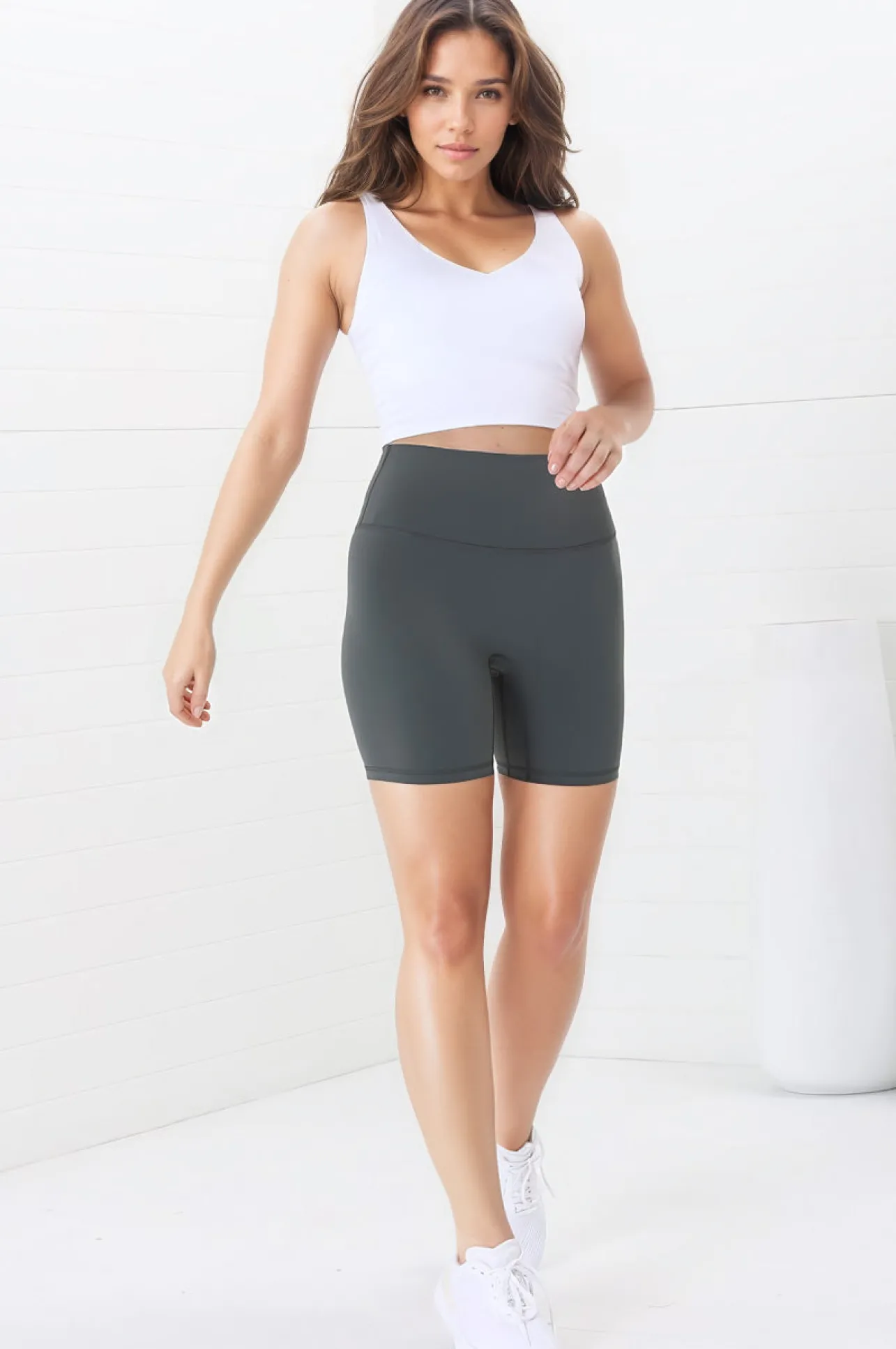 Axel Bike Shorts - Thick Highwaisted Band Bike Shorts in Spruce Green>Salty Crush Hot