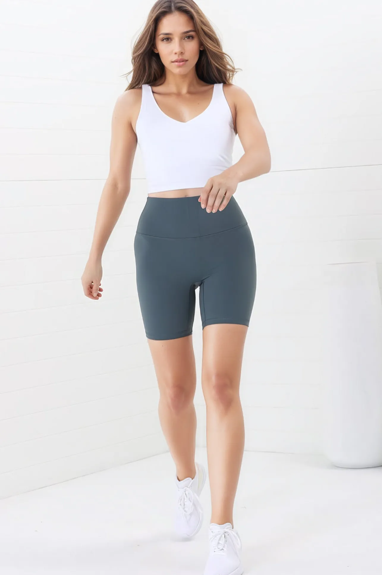 Axel Bike Shorts - Thick Highwaisted Band Bike Shorts in Grey Green>Salty Crush Hot