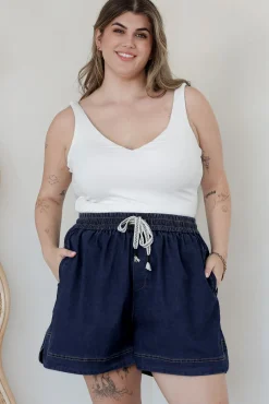 Aydar Denim Shorts - High Waisted Scoop Hemline Shorts in Dark Denim>Salty Crush Outlet