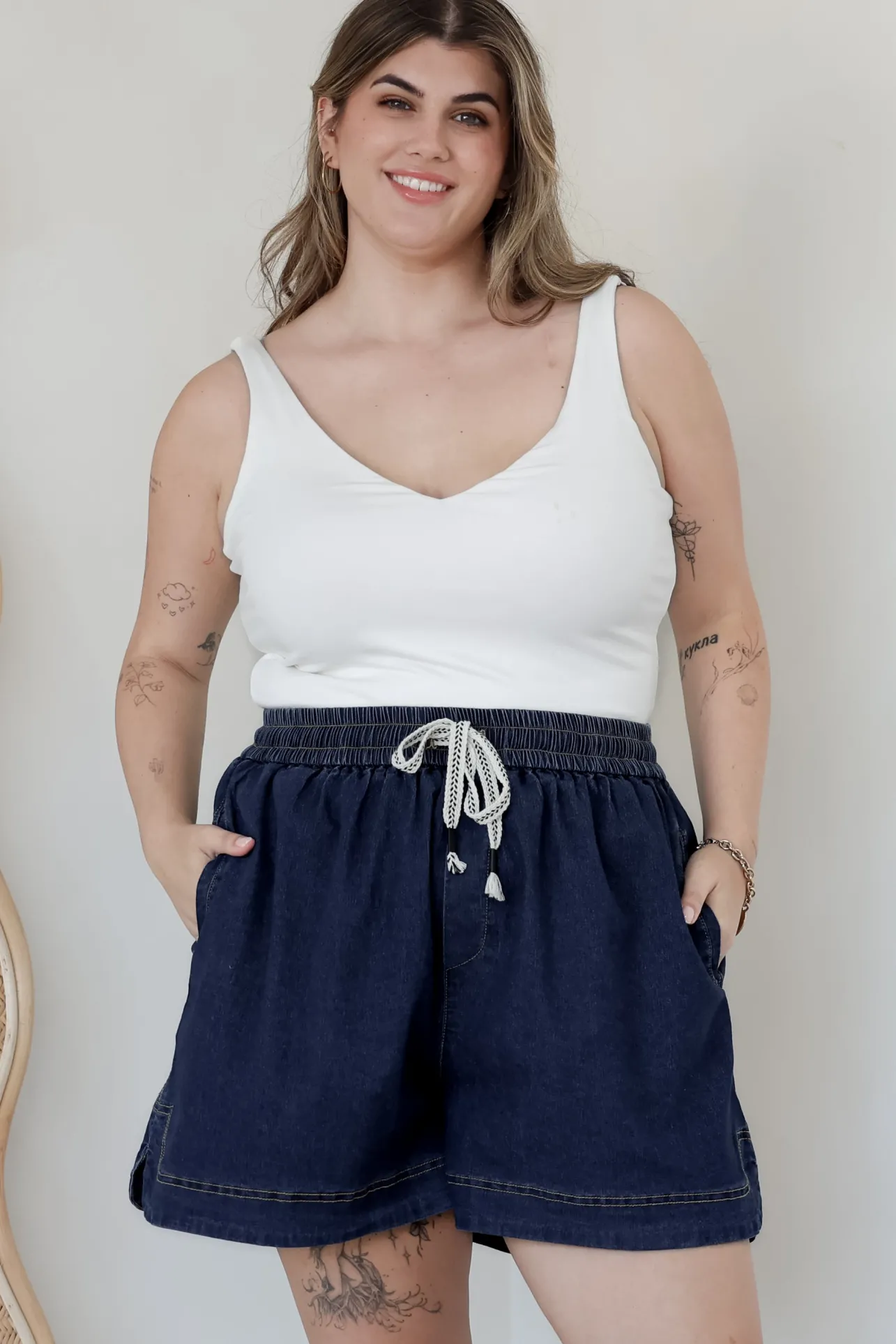 Aydar Denim Shorts - High Waisted Scoop Hemline Shorts in Dark Denim>Salty Crush Outlet