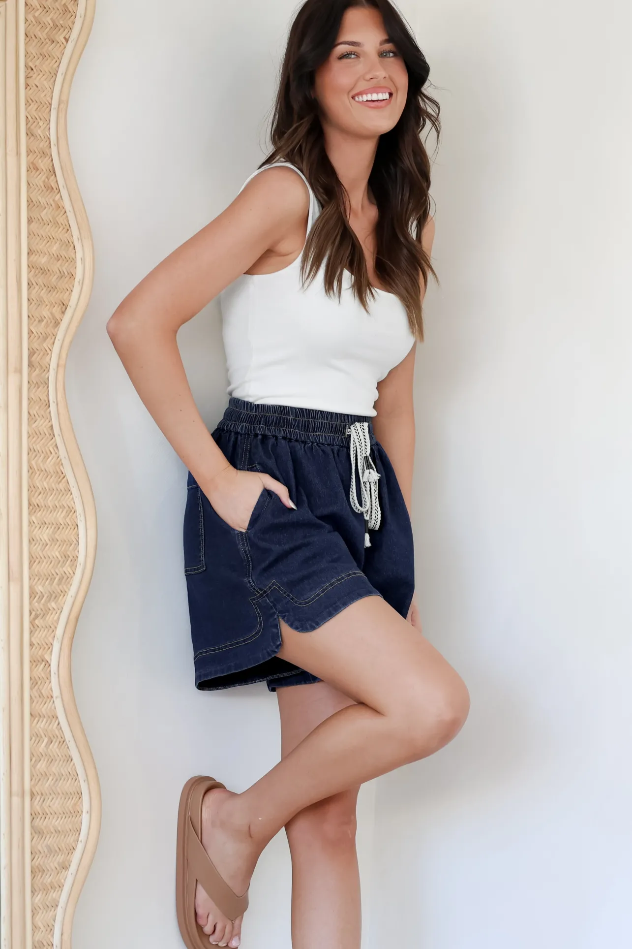 Aydar Denim Shorts - High Waisted Scoop Hemline Shorts in Dark Denim>Salty Crush Outlet