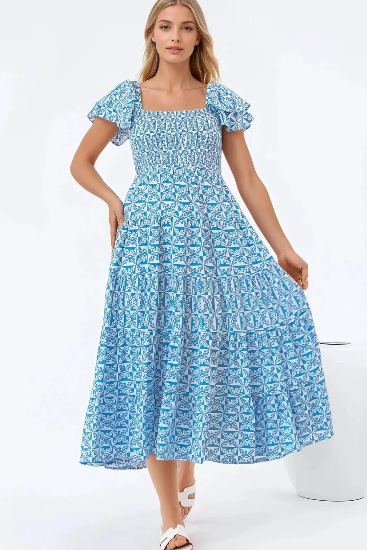 Aylia Midi Dress - Milkmaid Neckline Elasticated Bodice Frill Cap Sleeve Dress in Dory Print>Salty Crush