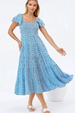 Aylia Midi Dress - Milkmaid Neckline Elasticated Bodice Frill Cap Sleeve Dress in Dory Print><noscript><img width=