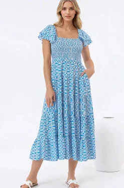 Aylia Midi Dress - Milkmaid Neckline Elasticated Bodice Frill Cap Sleeve Dress in Dory Print><noscript><img width=