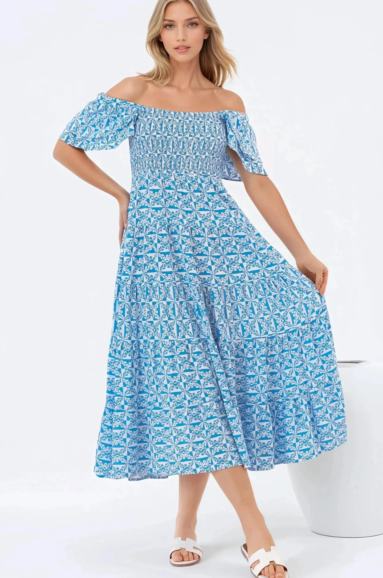 Aylia Midi Dress - Milkmaid Neckline Elasticated Bodice Frill Cap Sleeve Dress in Dory Print>Salty Crush