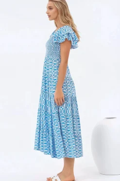 Aylia Midi Dress - Milkmaid Neckline Elasticated Bodice Frill Cap Sleeve Dress in Dory Print><noscript><img width=