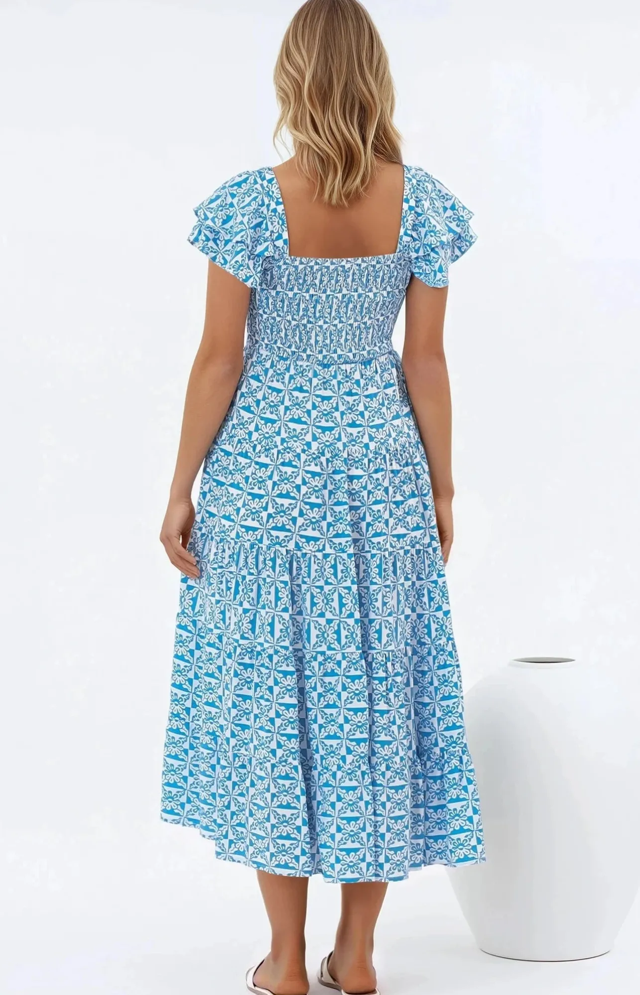 Aylia Midi Dress - Milkmaid Neckline Elasticated Bodice Frill Cap Sleeve Dress in Dory Print>Salty Crush